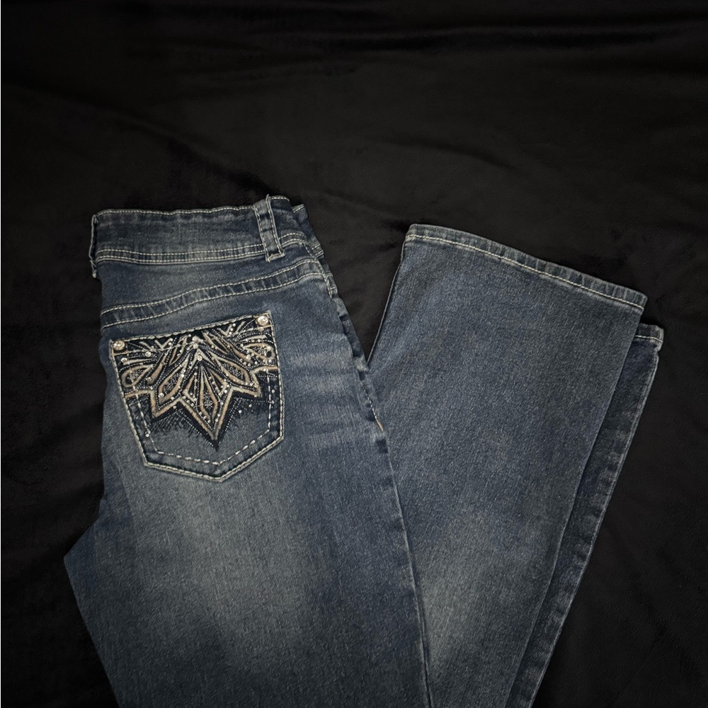 Elegant Blue Boot Cut Jeans with Embroidered Pocket